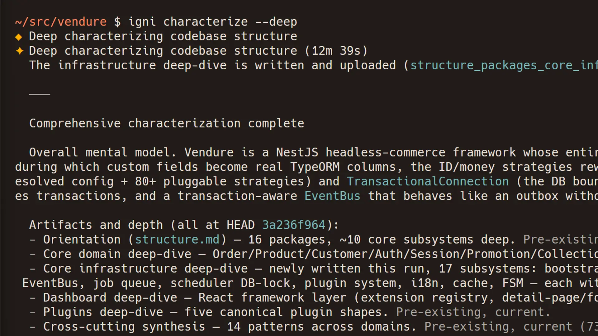 A CLI characterization run showing codebase structure written from source evidence.
