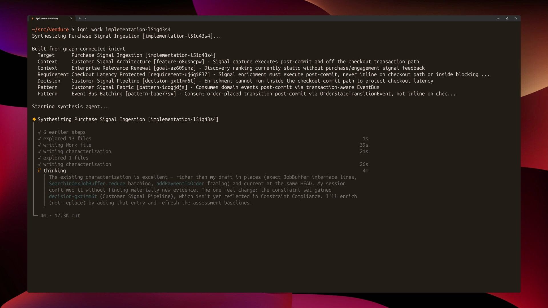 A CLI synthesis run showing source rows built from graph-connected intent.
