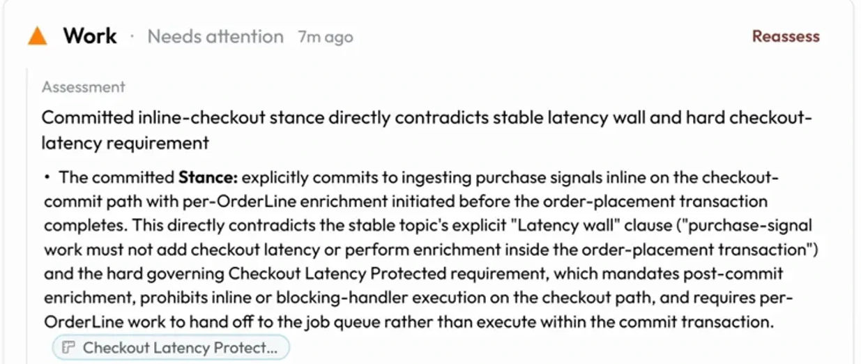 A Work finding: the committed stance contradicts the checkout-latency constraint.