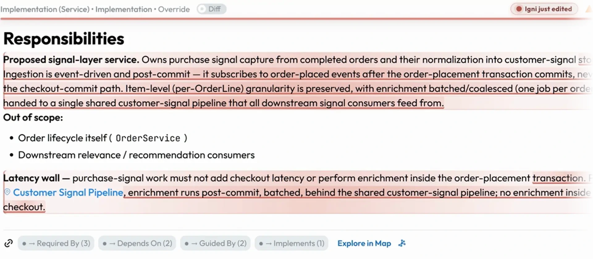 The Igni agent's tracked changes land the decision in the implementation doc, attributed and reviewable.